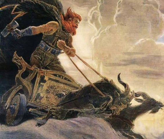 Thor sõjavankril, mille ees tema kaks kitse, lahingusse sööstmas.