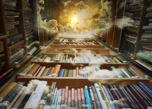 Raamatukoguriiulid, mis ulatuvad pilvedesse.