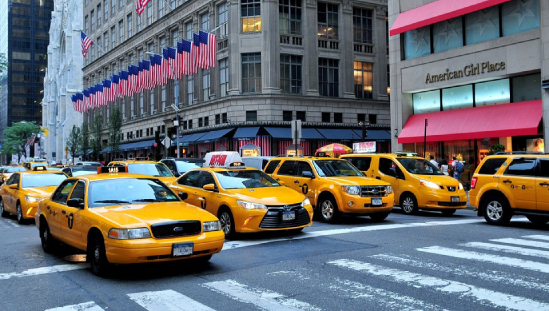Seitse taksot reas Manhattanil valgusfoori taga.